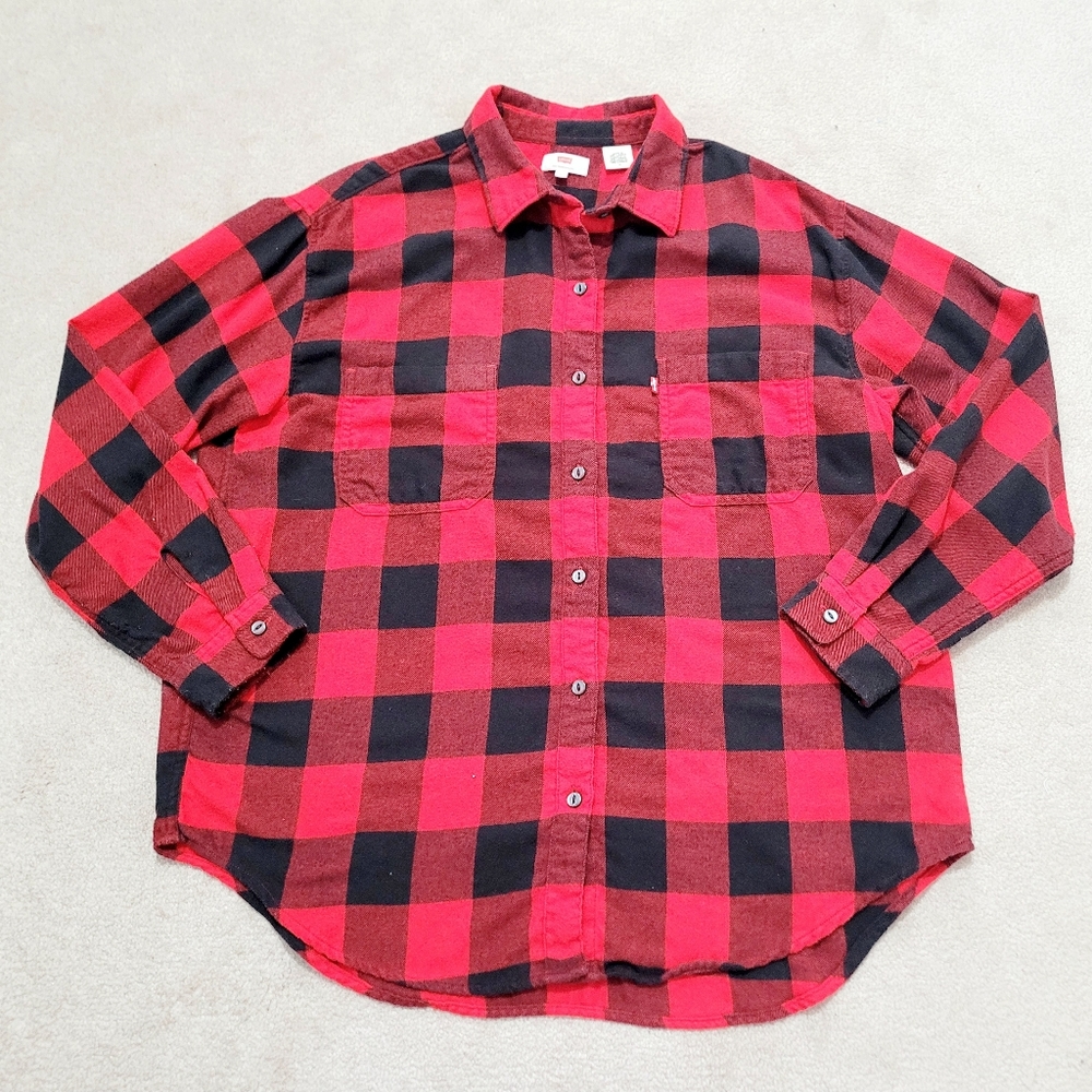 Levi’s Red Black Buffalo Plaid Flannel Shirt Women’s Medium Cotton Blend Button - Picture 11 of 11